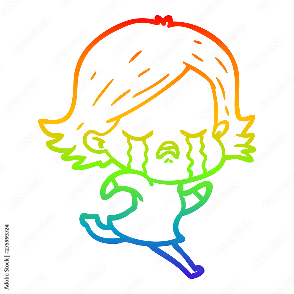 rainbow gradient line drawing cartoon girl crying whilst running rainbow gradient line drawing cartoon girl crying whilst running