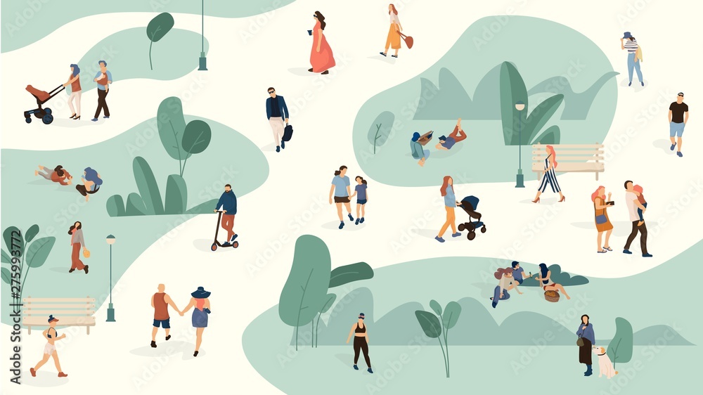 Fototapeta premium People in park. Trendy men and women crowd walking in summer park, cartoon large people group. Vector set persons leisure biking with dogs