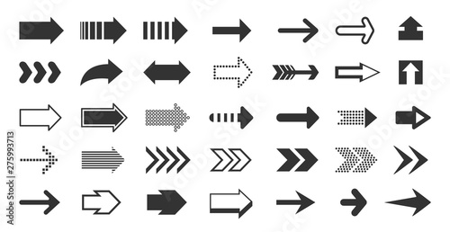 Black arrows. Direction pointers, up down left right signs of dots shapes and strokes, flat cursor pixel next sign. Vector arrow signage set photo
