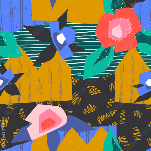 Abstract collage pattern. Contemporary art seamless geometric design, decorative fashion and floral poster. Vector modern art illustration summer wallpaper geometric shapes