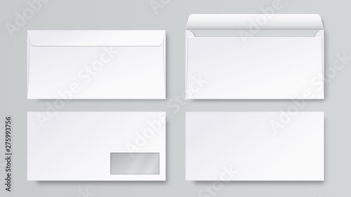 Realistic envelope. DL blank stationery mockup, open closed front and back letter view, corporate business template. Vector 3d business mail set