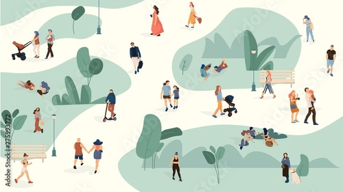 People in park. Trendy men and women crowd walking in summer park, cartoon large people group. Vector set persons leisure biking with dogs photo