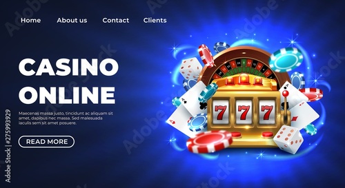 Casino 777 slot machine landing page template. Gambling Casino landing page. Gambling roulette website big lucky prize, realistic 3D vector illustration 777 slot machine template. Happy gambler play photo