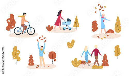 People in autumn park or forest. Modern casual man and woman playing with autumn leaves. Flat vector illustration activities characters people lifestyle