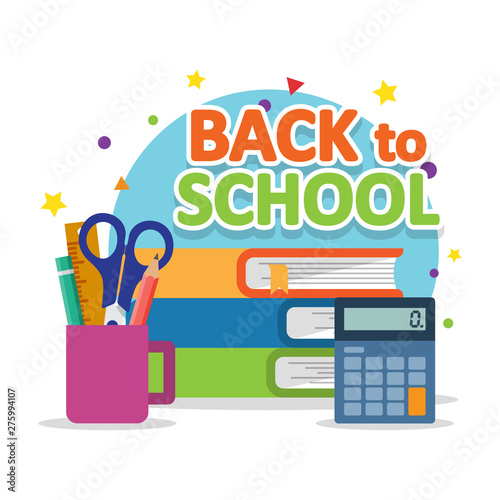 Pile textbooks with calculator and school supplies