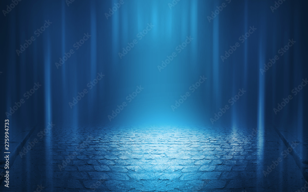 Fototapeta premium Pusta scena w tle. Odbicie ciemnej ulicy na mokrym asfalcie. Promienie neonów w ciemności, neonowe postacie, dym. Tło pusty pokaz sceniczny. Ciemne tło.