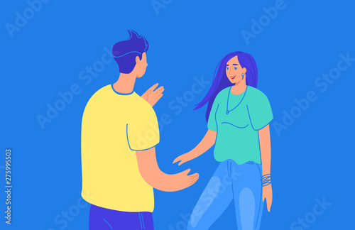 Live conversation between two friends gradient vector illustration of young people standing together and talking about something