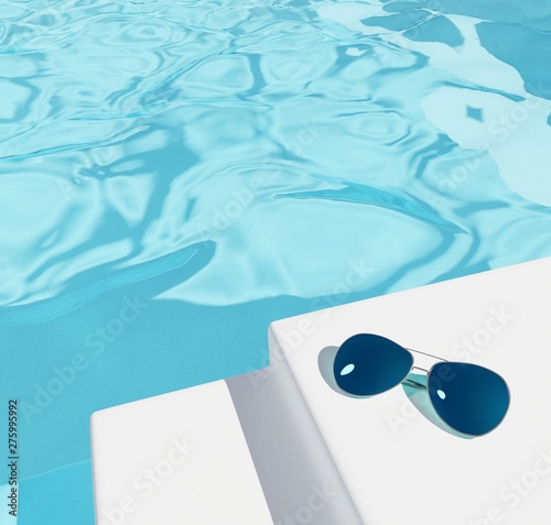 swimming pool background or cosmetics, summer sale, copy space, mock up, nature, wood,3d rendering
