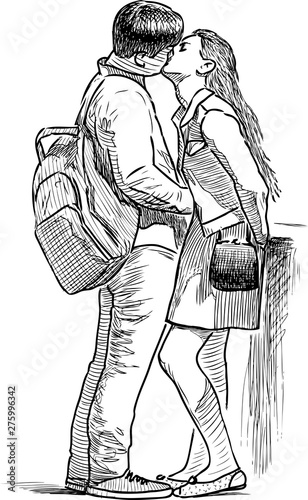 Sketch of a young couple of students kissing on the embankment