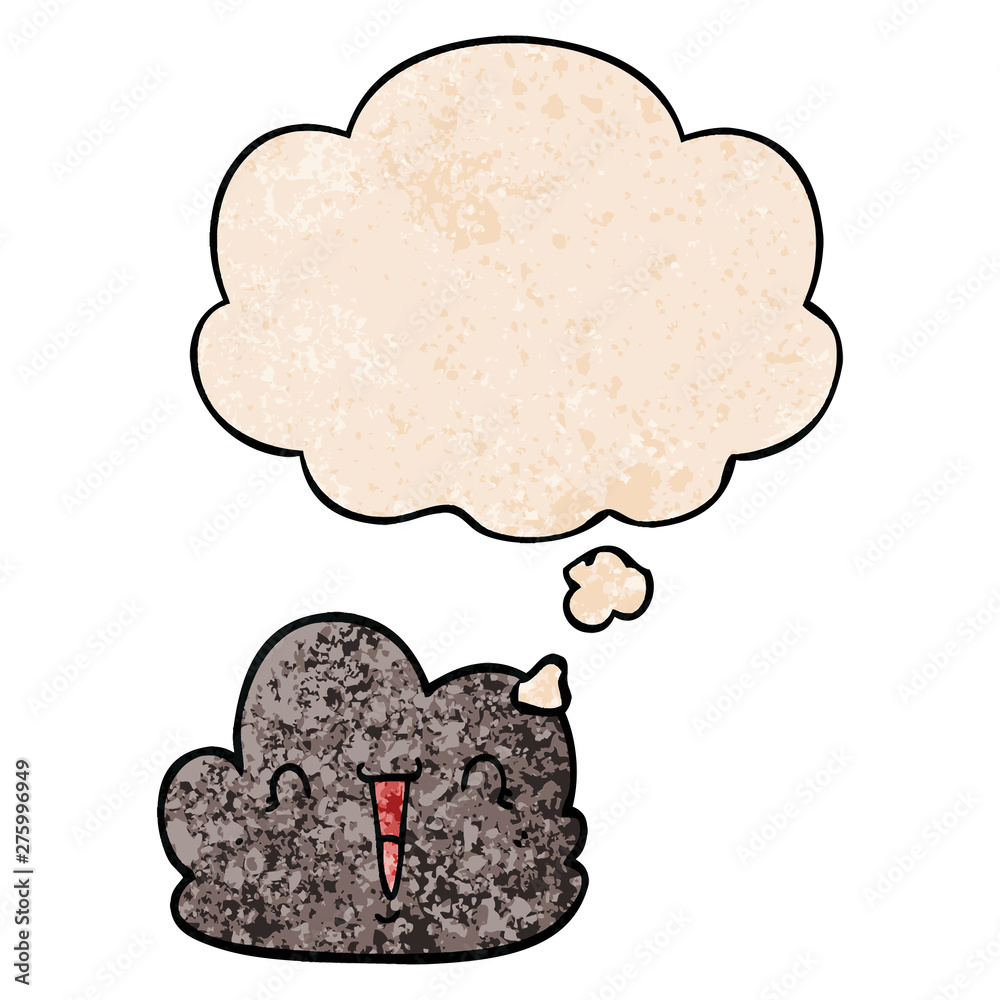 cartoon happy cloud and thought bubble in grunge texture pattern style