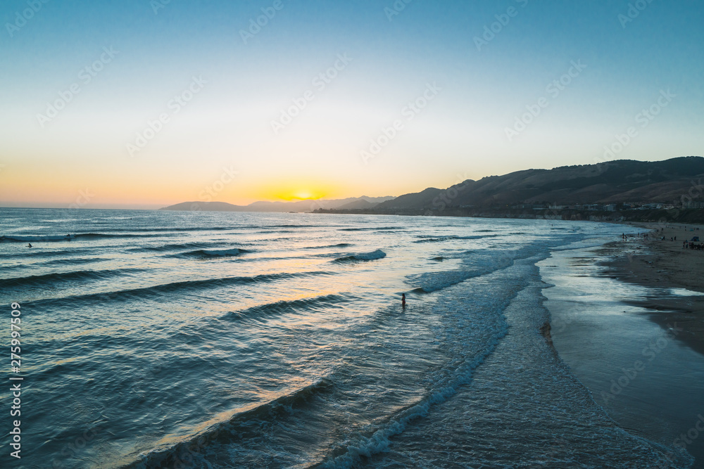 Sunset on the Beach. Beautiful Pacific Ocean, Pismo Beach, California
