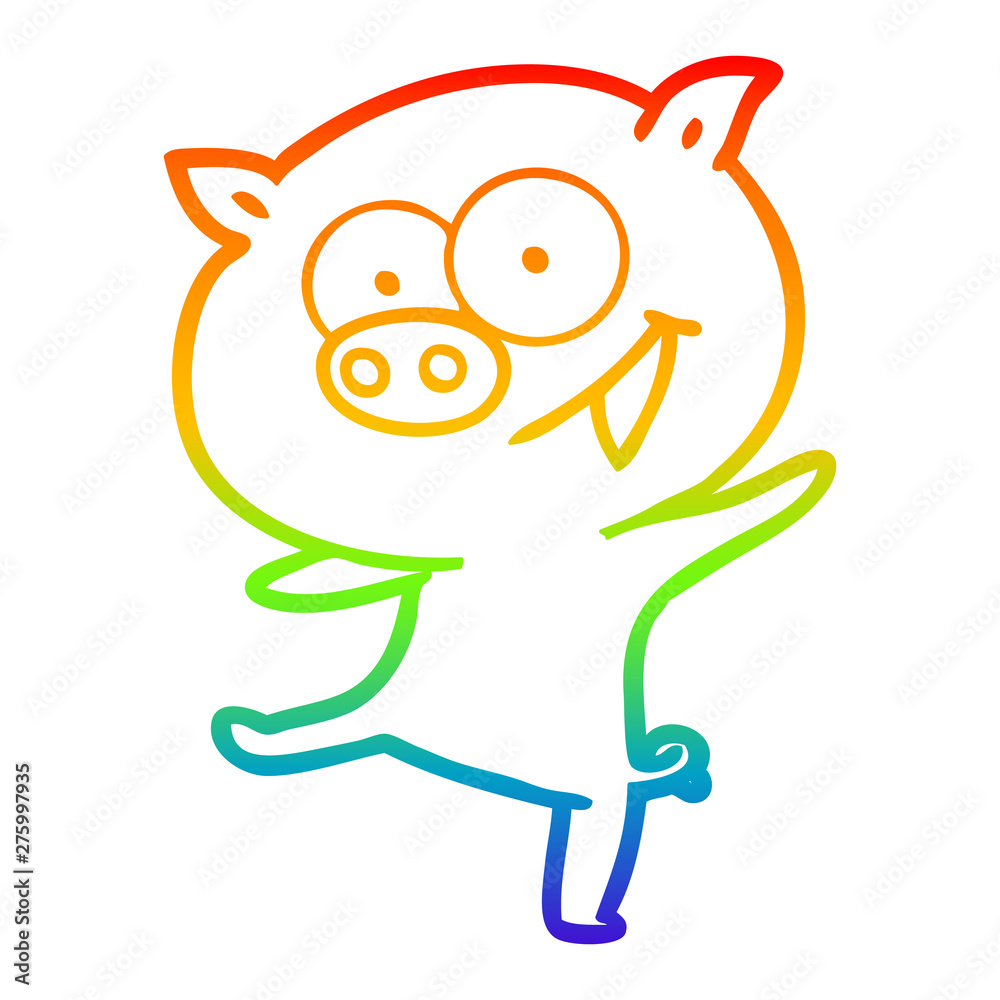 Obraz premium rainbow gradient line drawing cheerful dancing pig cartoon