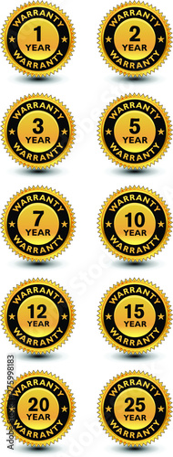 High quality golden year warranty badge, sign, seal, label, stamp set/kit.