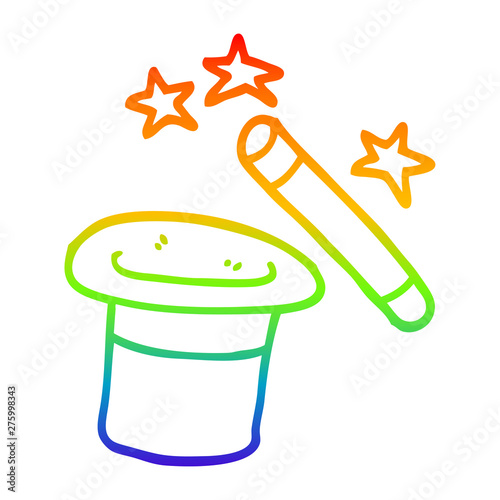 rainbow gradient line drawing cartoon magicians hat and wand