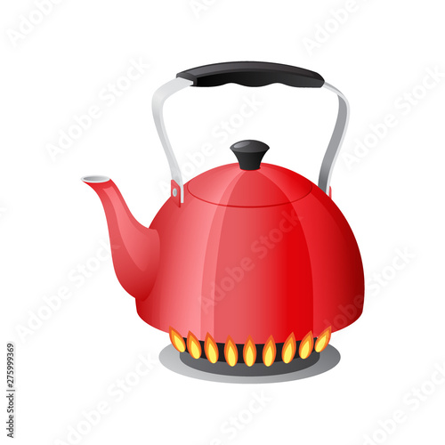 Red kettle with boiling water on gas kitchen stove flame, teapot with closed and open lid, isolated on white background vector illustration.