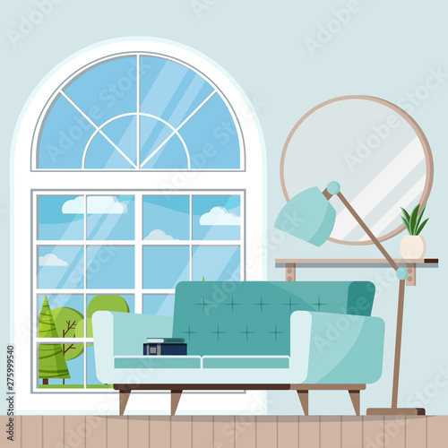 Cozy home living room interior background scene with soft sofa, round mirror with shelf, plant, lamp,books, white panoramic grench window with summer landscape. Vector cartoon flat style illustration.