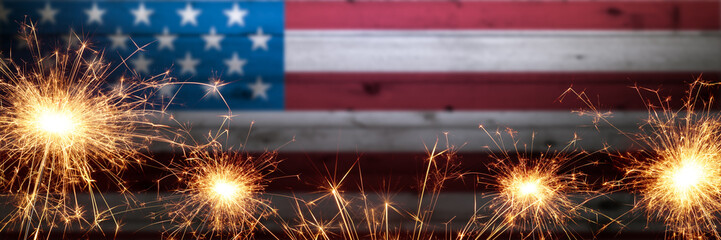 Dark Vintage Wooden American Flag Background With Sparklers - Independence Day Concept