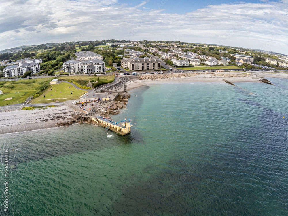 Aerial view of Blackrock beach with Diving tower in Salthill