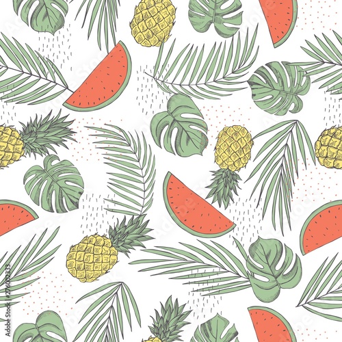 Vector summer seamless pattern with tropical plants, pineapples and watermelon. Sketch illustration.