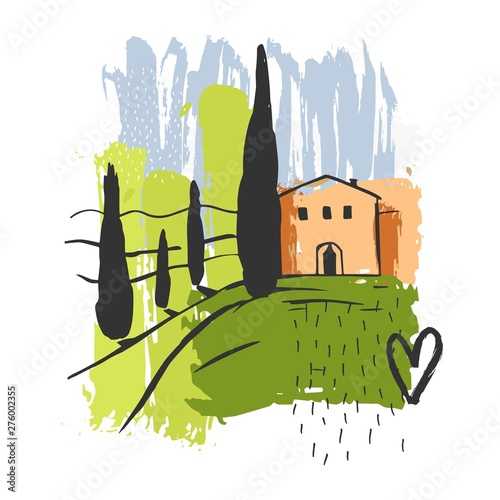 Hand drawn landscape of Tuscany. Vector sketch  illustration.
