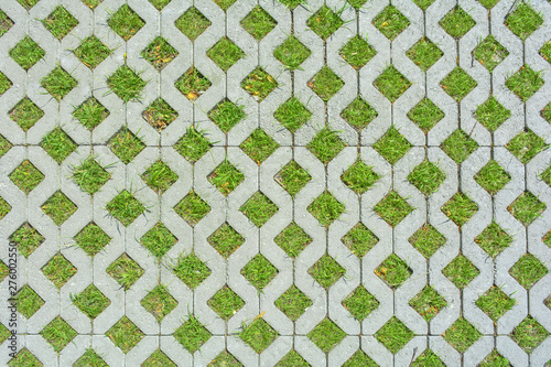 Geometric background of eco floor bricks and green grass. Eco parking texture
