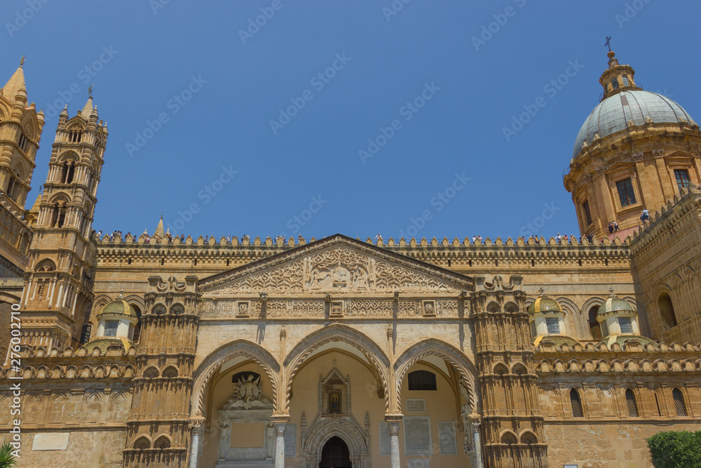 Cathedral of Palermo Sicily, front wide view of this historical and medieval church, front portal with columns, towers and dome