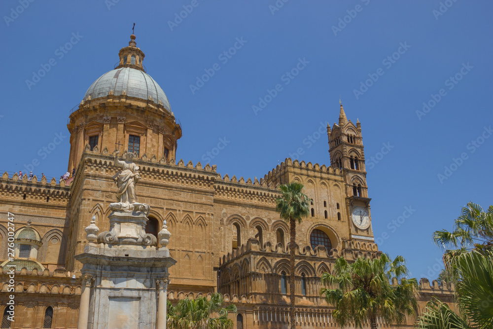 Cathedral of Palermo Sicily, front view of this Unesco heritage, view of the dome, bell tower, statues and palms