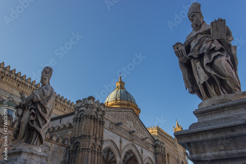 Cathedral of Palermo Sicily, beautiful view of the statues at the yard in front of the historical church, dome and old portal in background