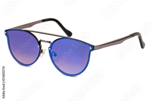 side view of modern sunglasses isolated on white background