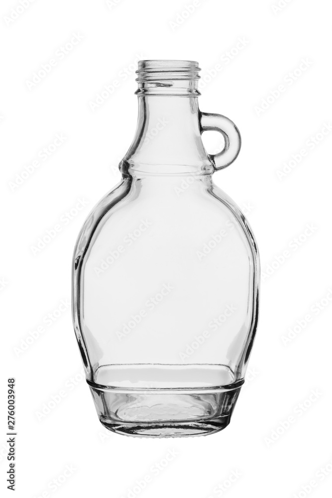 Empty glass small bottle with the handle sideways. Isolated on a white background