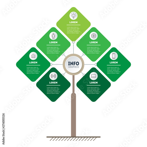 Infographic of green technology or education process with 7 points. Template of tree, info graphics or diagram. Vertical eco Business presentation concept with seven options.