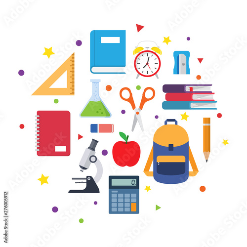 School supplies. Calculator, apple, eraser, pens, scissors, ruler notebook and backpack Back to school Vector illustration
