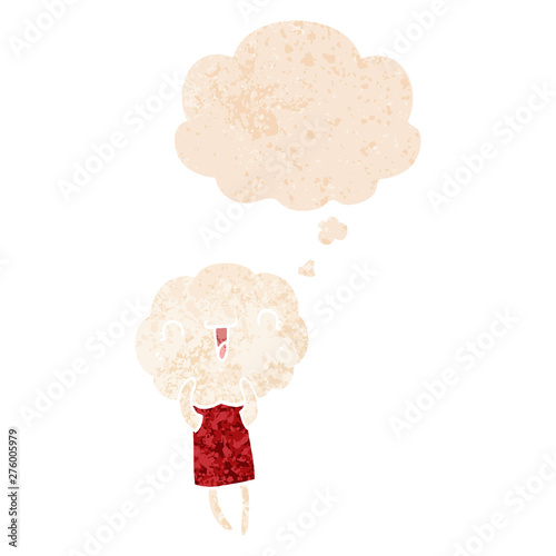 cute cartoon cloud head creature and thought bubble in retro textured style