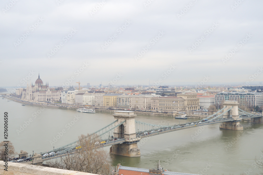 Hungarian Parliament Building from Buda castle in Budapest on December 29, 2017.