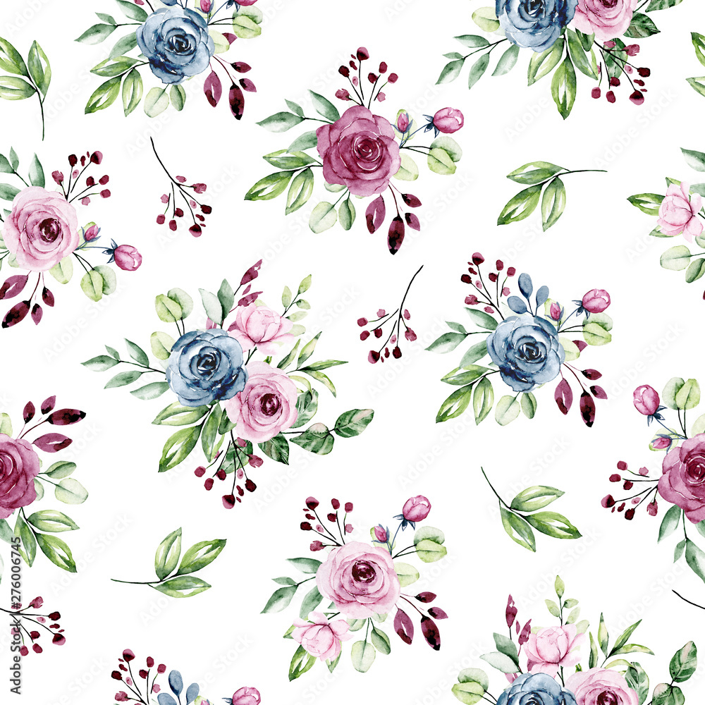 Seamless pattern with watercolor flowers roses, repeat floral background hand drawing. Perfectly for wallpaper, fabric, texture and other printing.
