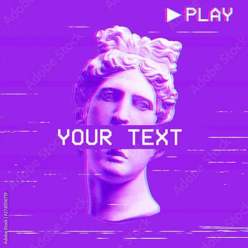 Apollo's plaster head on a purple background. Retro glitch art.