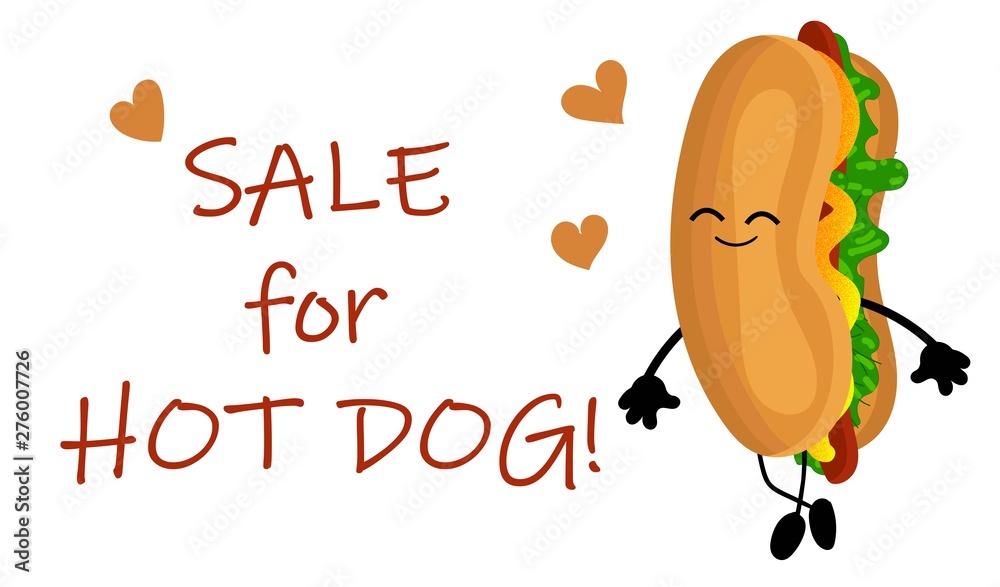 National Hot Dog Day poster with funny cartoon hot dog. Hot dog day