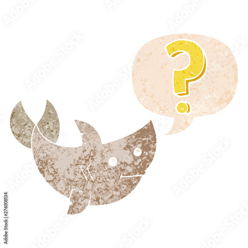 cartoon shark asking question and speech bubble in retro textured style