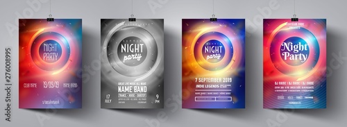 Night party poster set. Festive banner concept. Discotheque flyer set. Vector modern festive leaflet. Minimal brochure layout. Vector illustration. Poster advertising design. Night party flyer.