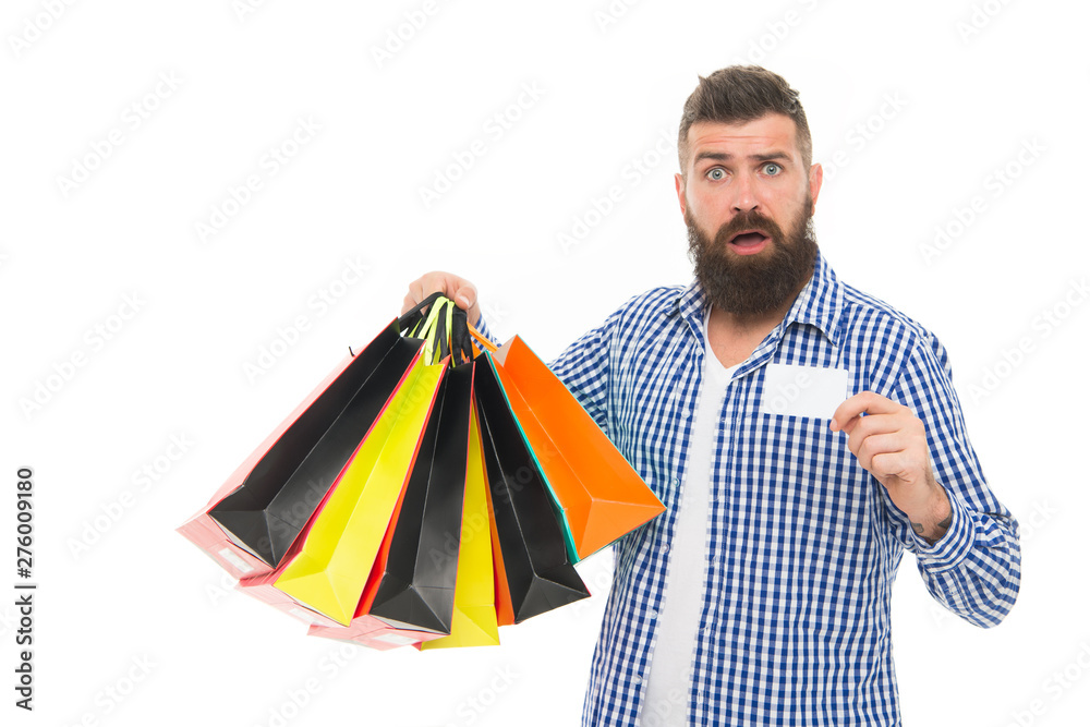Dont forget to pick up your free gift. Surprised shopper showing gift card isolated on white. Bearded man smiling with gift voucher and shopping bags. Shopping for holiday gift, copy space Dont forget to pick up your free gift. Surprised shopper showing gift card isolated on white. Bearded man smiling with gift voucher and shopping bags. Shopping for holiday gift, copy space