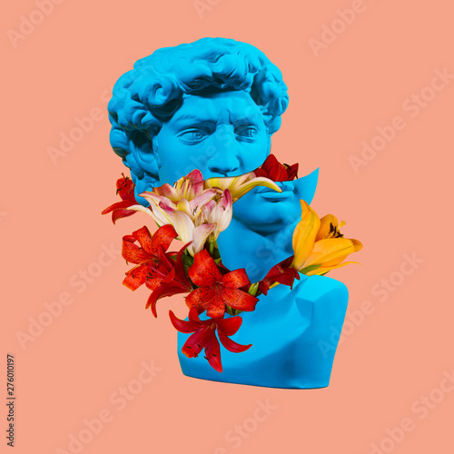 David's plaster head. Flower's concept art. On coral background.