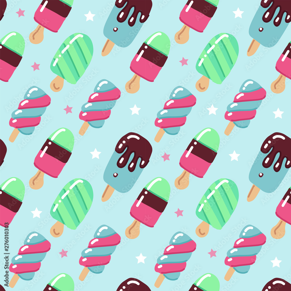 Cute summer hand drawn Seamless pattern with ice cream with popsicles on a blue background with stars. It can be used for packaging, wrapping paper, child textile Cute summer hand drawn Seamless pattern with ice cream with popsicles on a blue background with stars. It can be used for packaging, wrapping paper, child textile