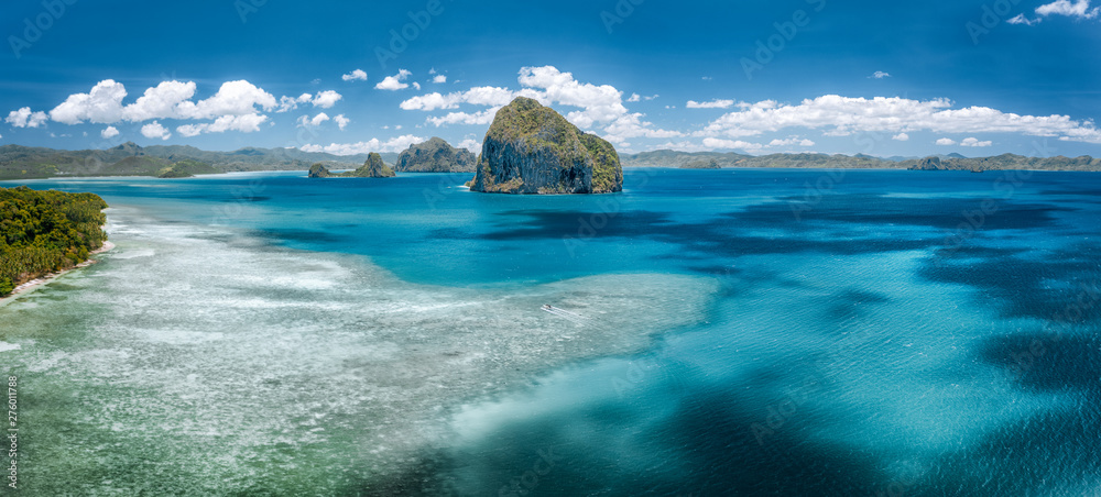 Aerial view of amazing tropical sea water colors near in El Nido, Palawan, Philippines