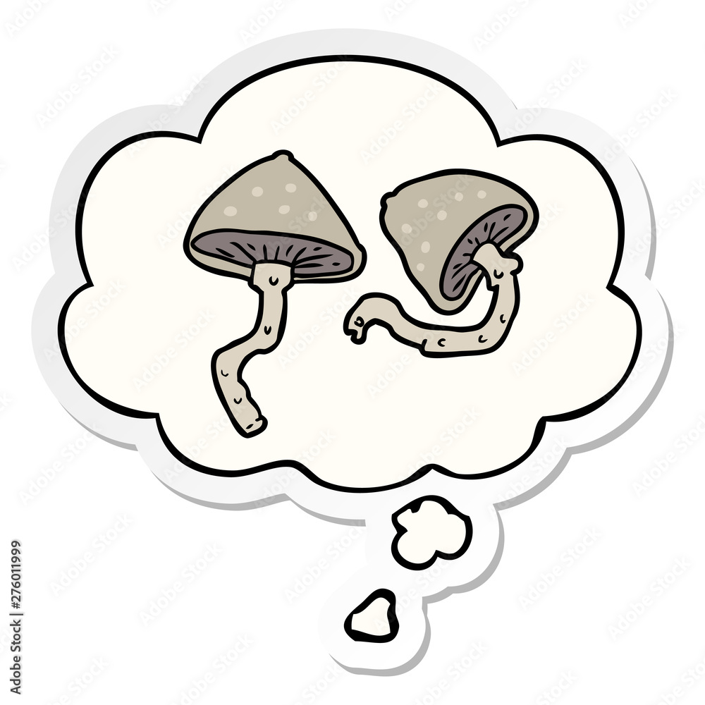 cartoon mushrooms and thought bubble as a printed sticker