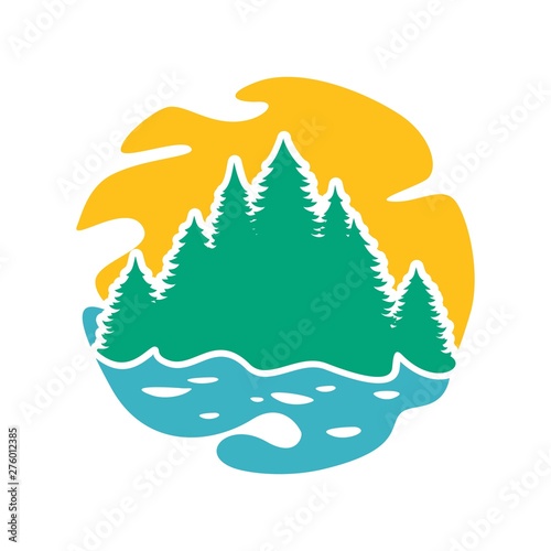 Silhouette of coniferous forest and lake