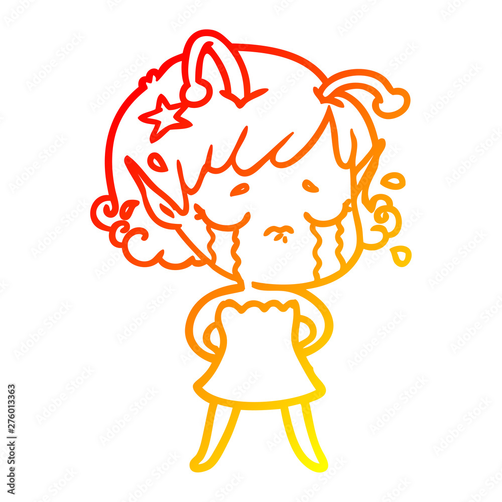 warm gradient line drawing cartoon crying alien girl