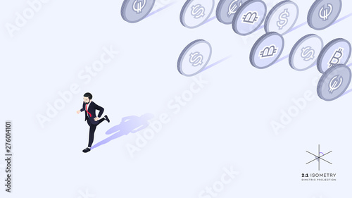 Businessman running away from money.