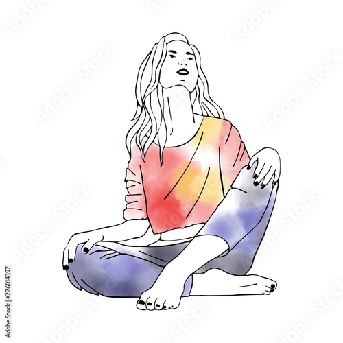 Vector hand drawn graphic illustration of cute watercolor girl. Black and white silhouette of beautiful woman in free seat pose. Sketch drawing, doodle style. Sexy pretty posing person, cartoon