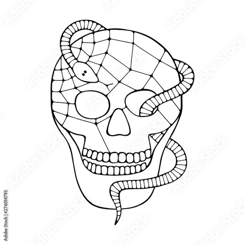 Vector black and white hand drawn illustration, skull with snake, tooth, silhouette face of human Print horror for t shirt Mexican style, day of the dead Mexico, halloween Sketch, tattoo drawing.