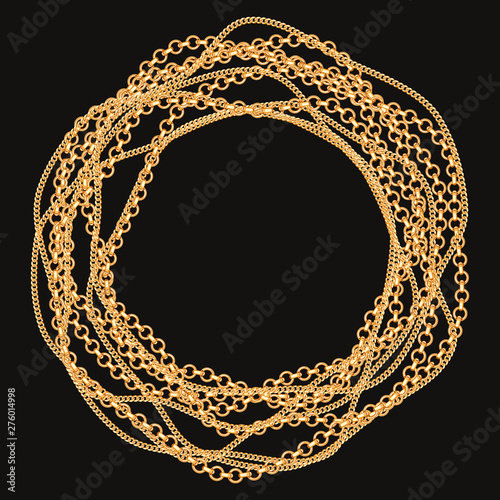 Round frame made with twisted golden chains. On black. Vector illustration